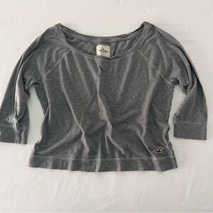 Hollister Grey Shirt Cotton Blend Scoop Necklace 3/4 Sleeves Cropped Top size L